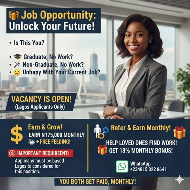Job Vacancy in Lagos: ₦175,000 Monthly + Free Meals